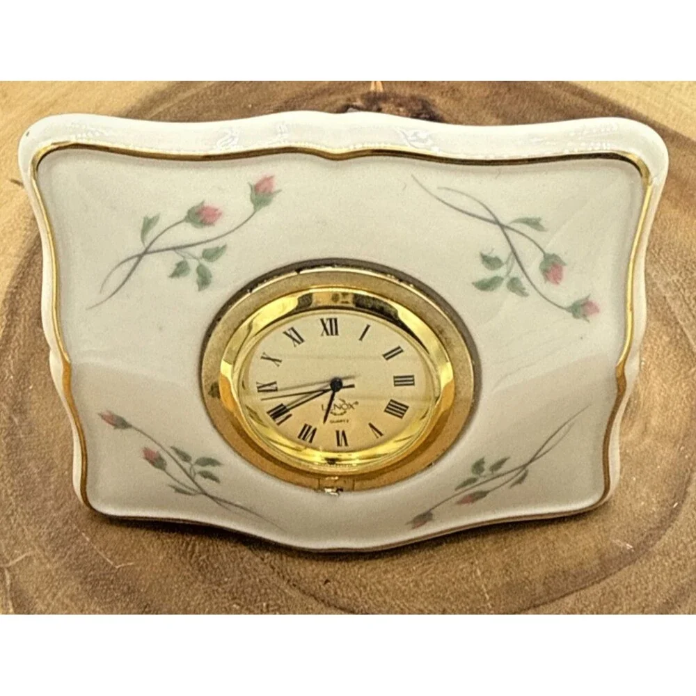 Vintage LENOX Petite Porcelain Table Clock -Rose Manor Floral Pattern 3 3/4